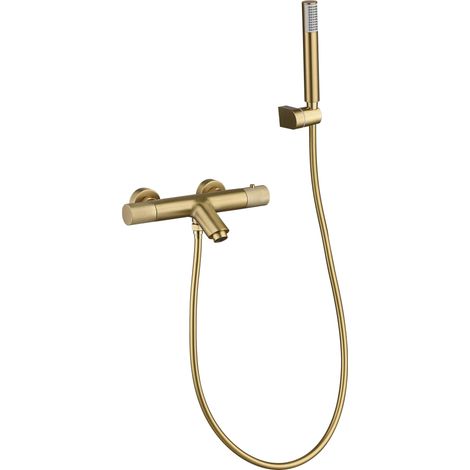 IMEX Badewannen-Dusch-Thermostatarmatur aus gebürstetem Messing mit PVD-Oberfläche und Zamak inklusive PVC-Duschschlauch und ABS-Halterung präzise Temperaturregelung mit Turn Clean System – Modell L (1/2)