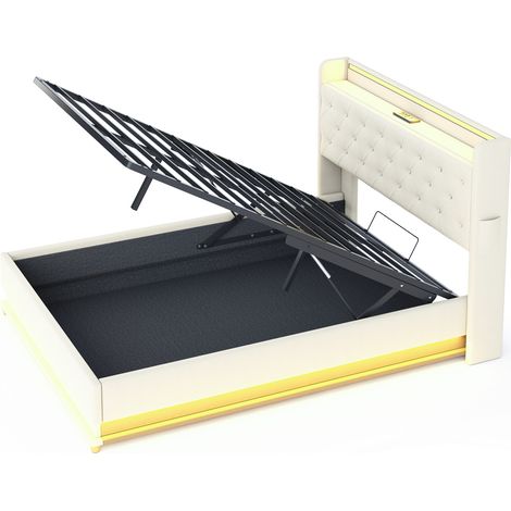 Lit rembourré LED 140x200 cm avec rangement hydraulique et port USB, tissu en lin beige sans matelas (1/5)