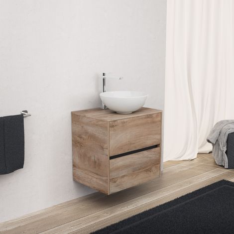 Inda - Badezimmerschrank 2 Schubladen L.60 mit Aufsatzwaschbecken / Natureiche - Diamante (1/5)