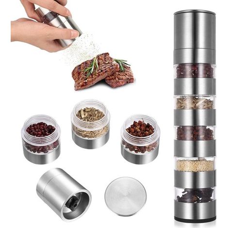 Mini moulin à sel et poivre 5 en 1 en acier inoxydable – Kit compact de contenants à épices – Set portable pour barbecue cuisine camping pique-nique et activités extérieures (1/5)