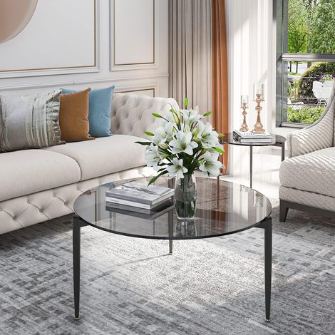 Couchtisch rund, Modern Beistelltisch Glastisch mit Metallgestell, Hartglas, Sofatisch für Wohnzimmer, 80×80×40 cm, Grau (1/5)