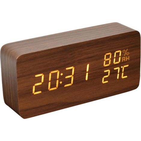 Réveil numérique LED luminosité réglable commande vocale horloge bois avec affichage date température humidité pour bureau maison école (1/5)