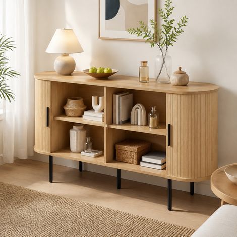 Buffet 140x40x78 cm en MDF naturel, avec rangement, design moderne pour salon FloraGrace (1/5)