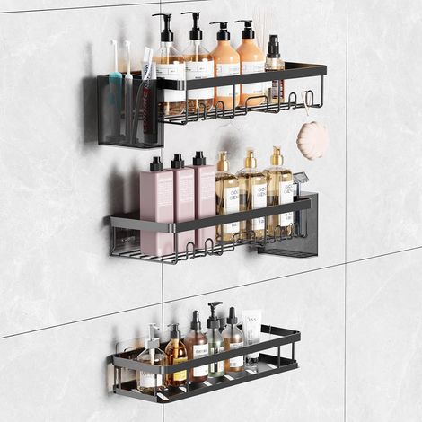 5 Pièces - Étagère Douche - Étagère Murale - Sans Perçage Antirouille Grande Capacité avec Crochets et Boîtes Latérales pour Salle de Bain Cuisine Noir 30x12cm (1/5)