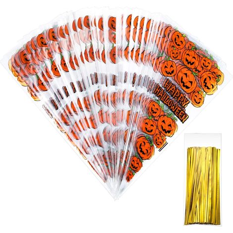 100 Stück 33 x 17 cm große kegelförmige Zellophantüten mit 100 Verschlussbändern für Weihnachts- und Halloween-Gastgeschenke (Farbe A) (1/4)