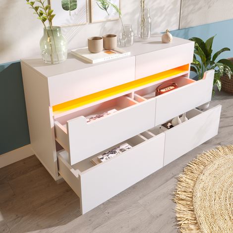 Sideboard Cabinet Dresser with 6 Drawers,Storage with RGB LED, Sideboard with Cut-out Handles, 6-drawers Chest of Drawers, 71 x 120 x 40 cm, White (1/5)