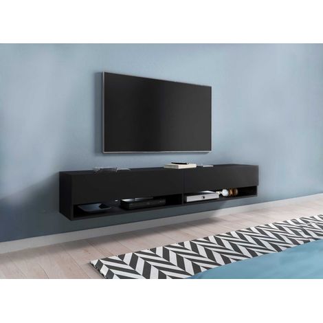 Deco In Paris – Meuble TV suspendu noir mat 2 portes 2 niches – Dimensions 180 cm x 31 cm x 30 cm – Design scandinave contemporain (1/5)