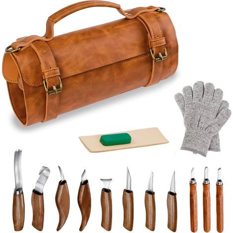 Kit para tallar madera: 8 cuchillos de tallar, 3 cuchillos de precisión, guantes resistentes a los cortes, compuesto para pulir y bolsa de cuero. Cinceles profesionales para madera con mangos ergonómi (1/5)