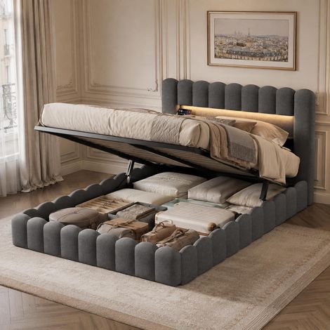 Letto contenitore 140x200 cm, letto matrimoniale con vano contenitore ad apertura idraulica, LED e USB, struttura moderna in tessuto effetto lino con design ondulato e rete a doghe, grigio (1/5)