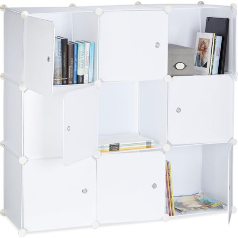 Étagère rangement 9 casiers portes plastique modulable assemblage plug in bibliothèque, Blanc, 95.5 x 32 x 95.5 cm (1/5)