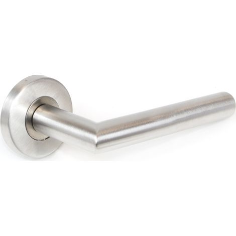 Emuca Juego de manivelas para puertas de interior, con roseta D.53mm, Modelo L recta, acero inoxidable, níquel satinado (1/4)