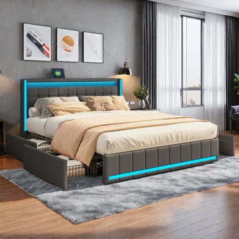 Doppelbett 140x190 cm - Bett mit Stauraum und LED - 4 Schubladen - USB-Anschluss - Grau Leinen