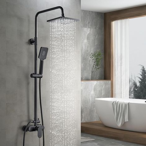 Colonne de Douche Noir avec Mitigeur Monocommande, Hauteur Réglable Ensemble de Douche avec Douchette, Pommeau de Douche et Barre de Douche, Systeme de Douche Pluie pour Salle de Bain