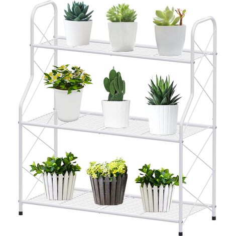 Étagère à plantes en métal à 3 niveaux - Support pour pot de fleurs - Pour l'extérieur, l'intérieur, le balcon, le jardin - Multifonction - Grande capacité - Blanc (1/5)