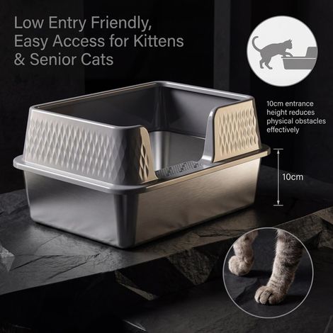 Bac à litière en acier inoxydable pour chat avec bord haut anti-projection et pédale tamisante litière ouverte pour chatons et chats âgés (1/5)