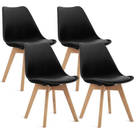 Set di 4 sedie - Nero - Stile scandinavo - Gambe in legno (4 sedie per confezione)