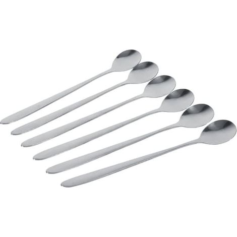 Lot de 6 cuillères à café élégantes en acier inoxydable à long manche, idéales pour latte, glace, sundae, café et soupe. Neuves. (1/5)