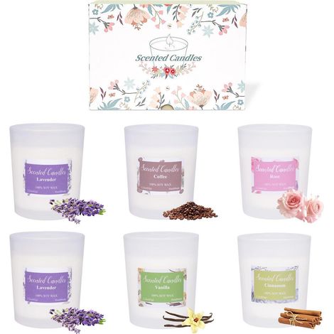 Duftkerzen Set im Glas, 6 Stück, Sojawachs, Lavendel, Vanille, Kaffee, Rose, Zimt (1/5)
