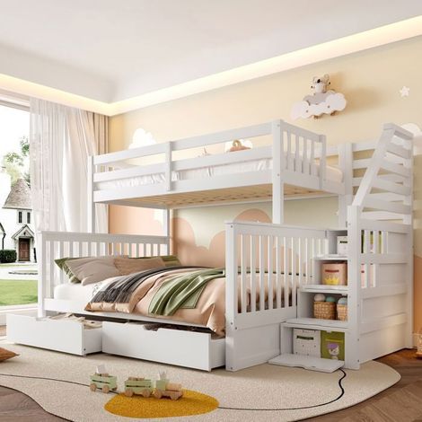 Lit superposé enfant 90x200+140x200, sécurité renforcée lit superposé, structure bois massif, rangement intégré, tiroirs coulissants