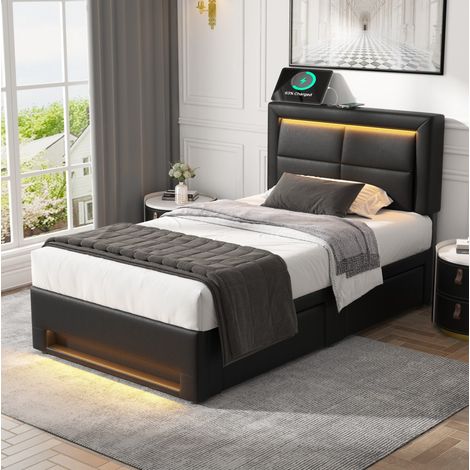 Letto singolo imbottito 90x190 cm con LED, porta USB e 4 cassetti, ecopelle nera, senza materasso (1/5)