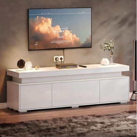Mueble TV 150x35x43 cm de aglomerado blanco, LED y almacenaje para salón pequeño – MEUBLIV (1/5)