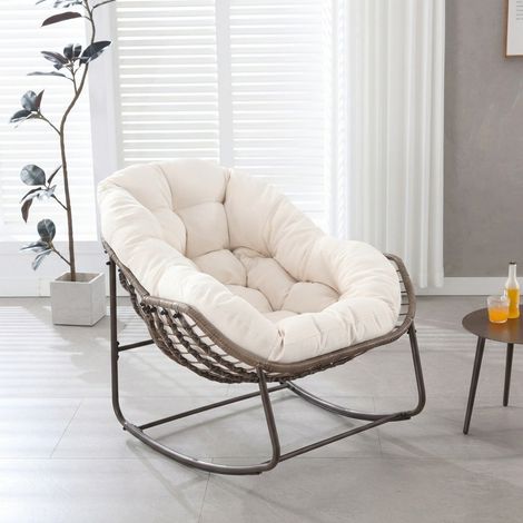 Fauteuil à bascule extérieur blanc, grand fauteuil œuf en osier pour jardin, avec coussin épais, moderne salon de détente, pour balcon, porche, jardin, cour et terrasse