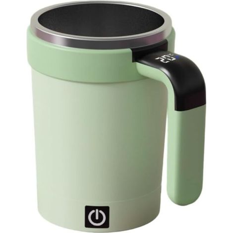 Refillable coffee mug with automatic stirring function and handle temperature display for efficiently mixing hot and cold drinks (green)