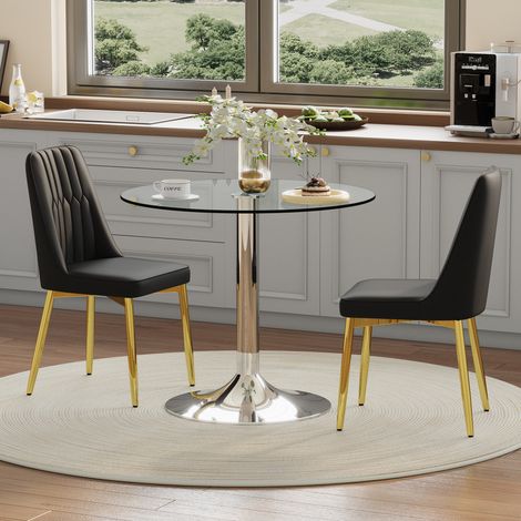 Juego de mesa de comedor redonda 85x76 cm con 2 sillas, tablero de vidrio transparente, base metálica plateada, PU negro y metal dorado (1/5)
