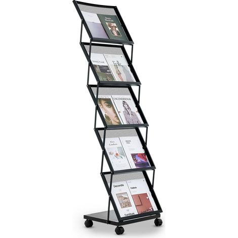 Présentoir à brochures 5 niveaux, porte-brochures sur pied avec roulettes, porte-revue pliable pour journaux, présentoir à magazines en métal pour expositions, bureaux, hôtels, salons artisanaux (1/5)