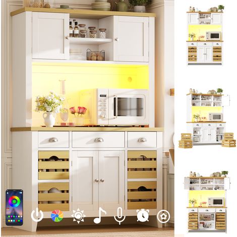 Buffet de Cuisine haut 120x40x188 cm avec LED RGB, Plan de Travail Effet Bois, 4 Paniers Amovibles, Étagères Réglables et Fermeture Douce, Blanc (1/5)