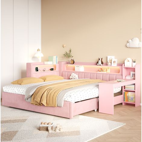 Lit enfant 90x200cm avec LED, USB et bureau intégré, extensible 180x200cm, structure en bois et lin - rose (1/5)