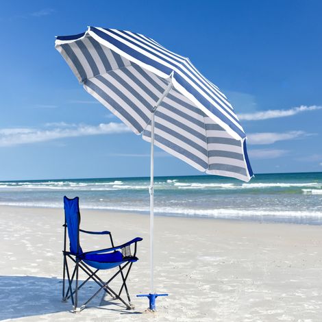 Sekey 160 cm Sonnenschirm Strandschirm mit Schutzhülle für Balkon Garten & Terrasse Neigungswinkel und Höhe verstellbar, Rund Sonnenschutz UV20+, Blaue Streifen