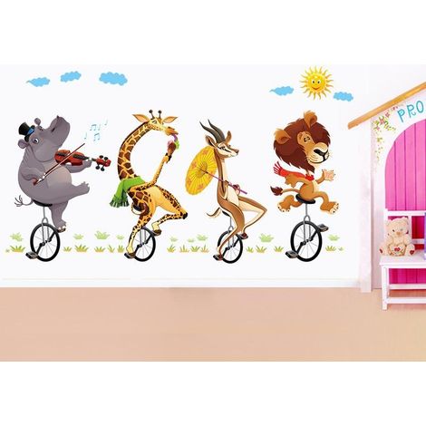 Stickers muraux animaux mignons à vélo, décoration de salon, papier peint (1/4)