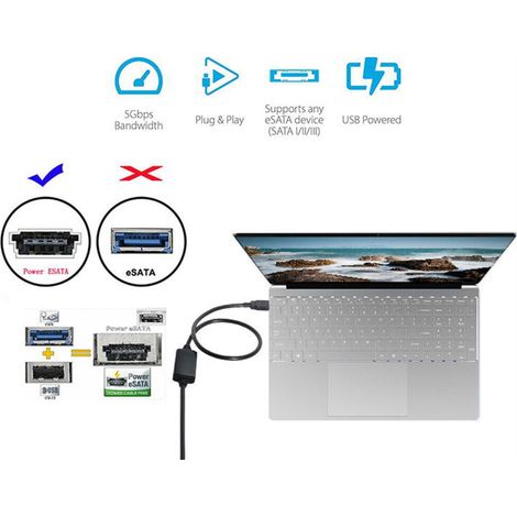 Die Stromversorgung erfolgt über eine eSATA DC 5V-Schnittstelle, einen Netzteil-zu-USB 3.0-Anschluss und einen 1M-Stromwandler.