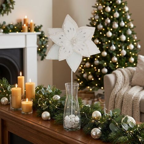 Fiore di poinsettia "Athena" in poliestere effetto velluto per decorazioni h 45 cm -Bianco (1/4)