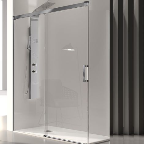 KASSANDRA GLASÉ Mampara Frente Ducha Fijo + Puerta Corredera 6 mm Plata Brillo Transparente - Medida: 132-136 cm - ref: GS1021616S195132