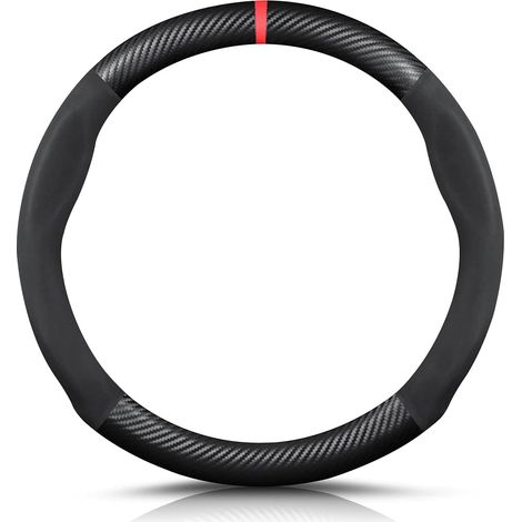 Funda redonda de fibra de carbono y cuero sintético de microfibra antideslizante y transpirable para volante de coche deportivo, para volantes de 38 cm (15") de diámetro - Negro Rojo