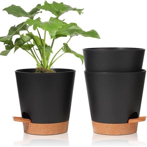 Set di 3 vasi da fiori in plastica, rotondi, neri, diametro 6,5 cm, con sistema di irrigazione, ideali per la decorazione di interni ed esterni.