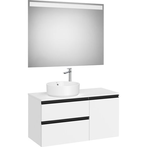 Pack meuble "The gap" 1000 pour vasque à gauche - 2 tiroirs + 1 porte + plan + miroir LED - blanc mat - Roca (1/2)