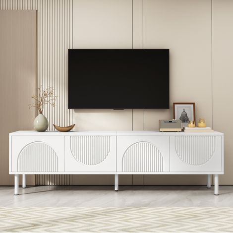 Mueble TV 180x40x52 cm blanco en MDF y aglomerado con 4 puertas 3D y gestión de cables (1/5)