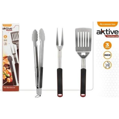 juego 3 utensilios para barbacoa, acero inoxidable con mango negro antideslizante aktive