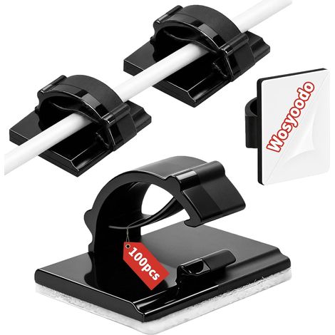 Pack of 100 Cable Clips 21 x 17 mm, Self Adhesive Cable Clips, Electric Cable Fastener, Cable Hooks, for Cable Management and Fastening of Garlands (Black) (1/5)