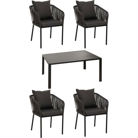 [NEUWERTIG] Gartengarnitur HHG-616, Tisch+4xStuhl, wetterfest Alu 140x80cm, Seilgeflecht Rope anthrazit, Kissen dunkelgrau