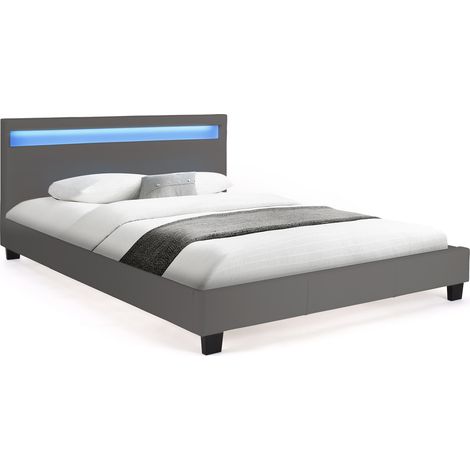 Idmarket – Lit double NEO 140x190 cm – Tête de lit LED intégrée – Sommier 24 lattes en bois – PVC gris – Design contemporain (1/5)