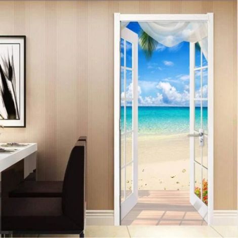 STICKERS Autocollant de porte 3D maison au bord de la mer PVC - auto-adhésif imperméable -pour décoration de maison murale 77x20 (1/4)