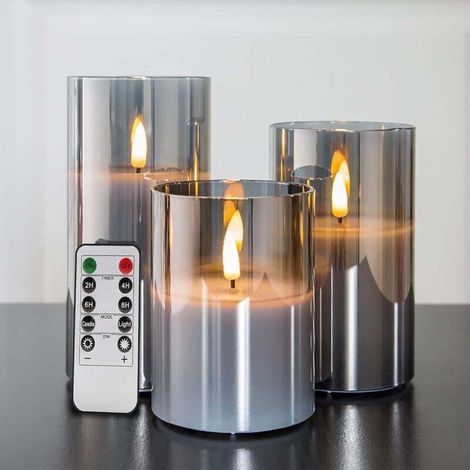 Flameless LED Candles in Silver Gray Glass with Remote Control Pack of 3 Diameters 3 4 5 6 Inches (1/4)