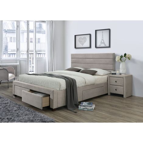 Lit tissu beige 160x200 cm tête de lit matelassée Léon (1/3)