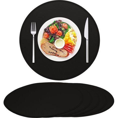 Sets de table ronds en similicuir - Noirs - Lot de 6 - 38 cm de diamètre, adaptés à la décoration de tables et de comptoirs. (1/5)