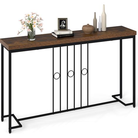 COSTWAY Narrow Console Table 140x29.5cm H-Shaped Base for Living Room Bedroom Brown (1/5)