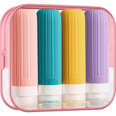 Flacons voyage 90mL, lot de 4 bouteilles en silicone anti fuites rechargeables pour shampoing, gel douche, lotions (1/4)